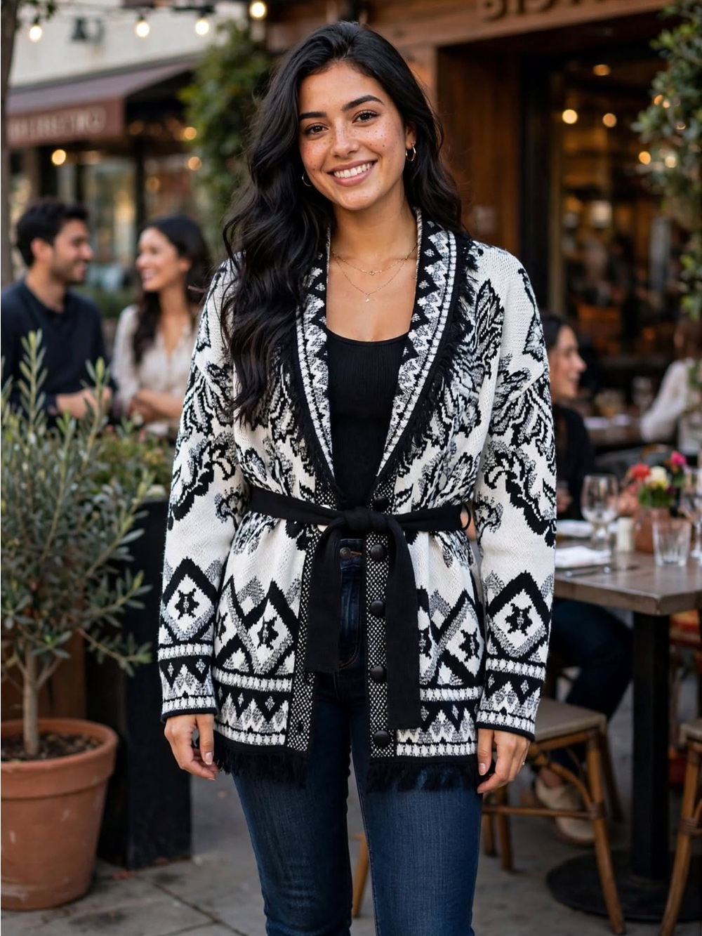 Black and White Knit Wrap Cardigan with Tie Belt